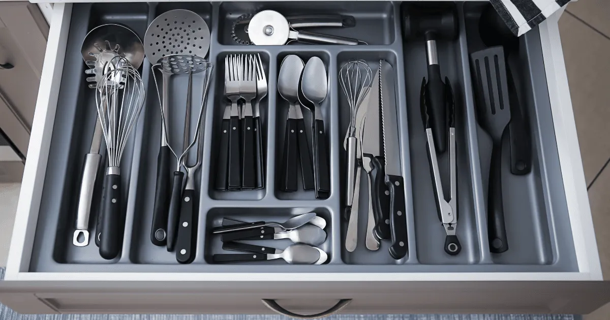 Un cajón lleno de utensilios de cocina y cubiertos