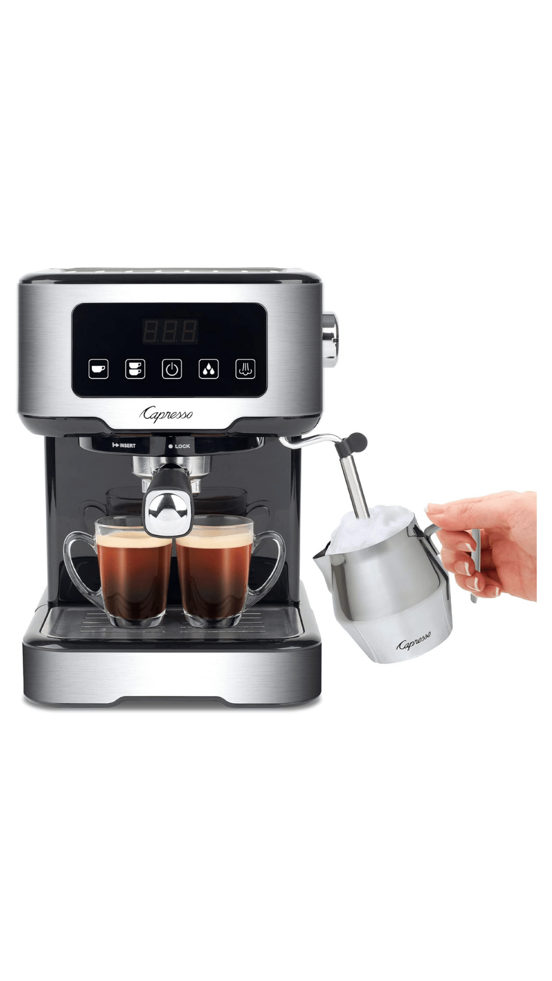 Máquina de café Capresso con una jarra de leche espumada