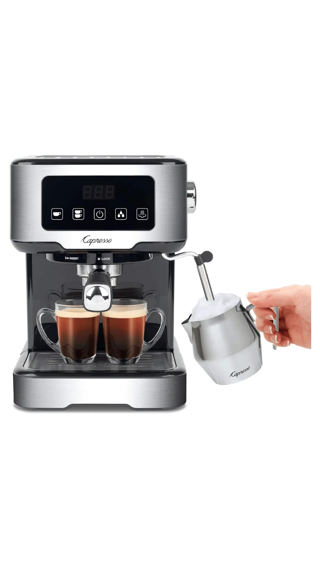 Máquina de café Capresso con una jarra de leche espumada