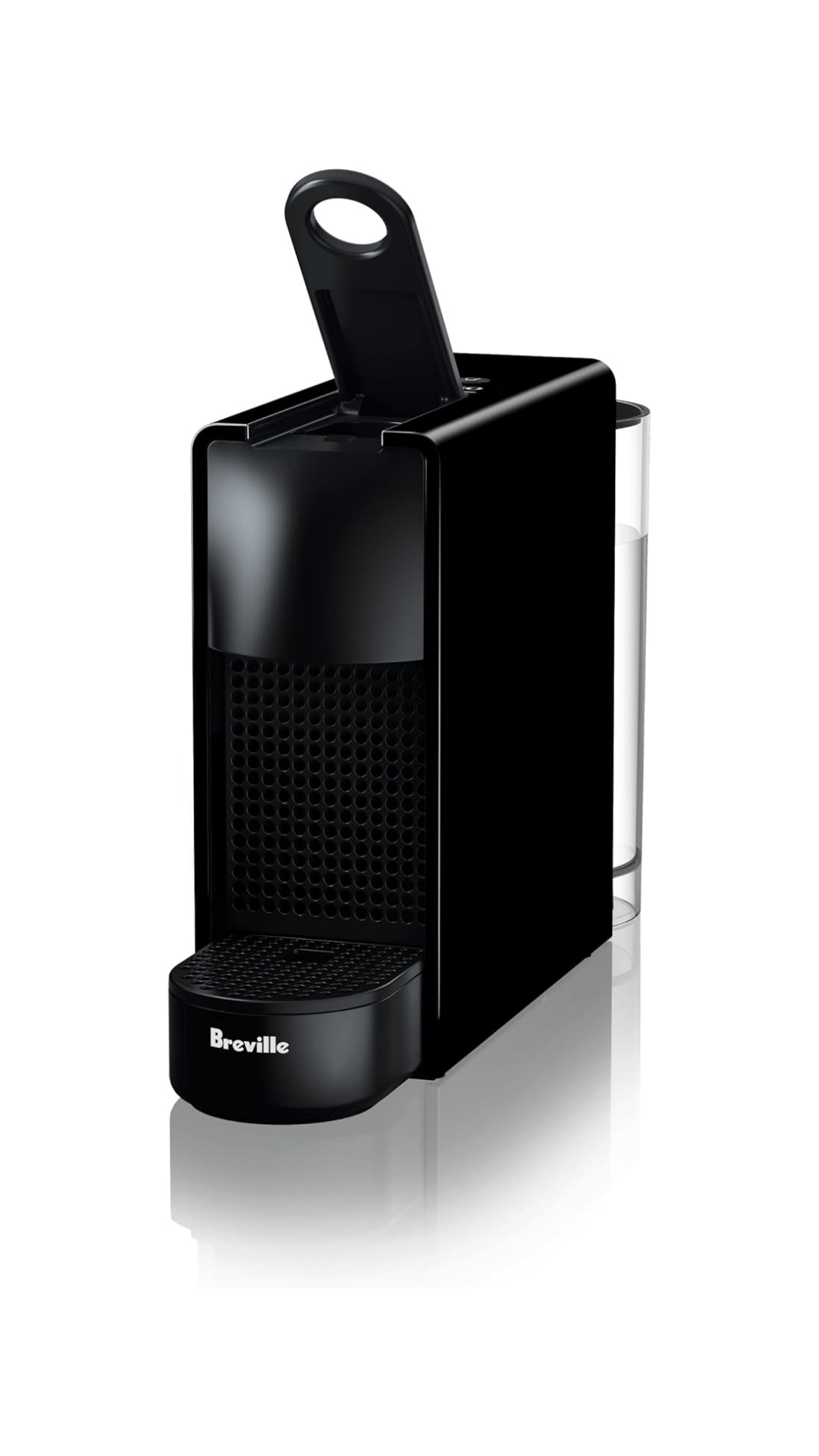 Máquina de café Nespresso Essenza Mini negra sobre fondo blanco