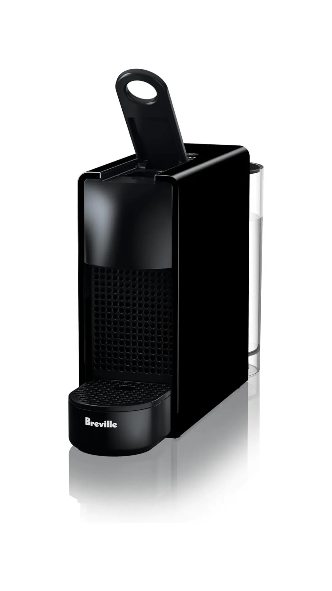 Máquina de café Nespresso Essenza Mini negra sobre fondo blanco