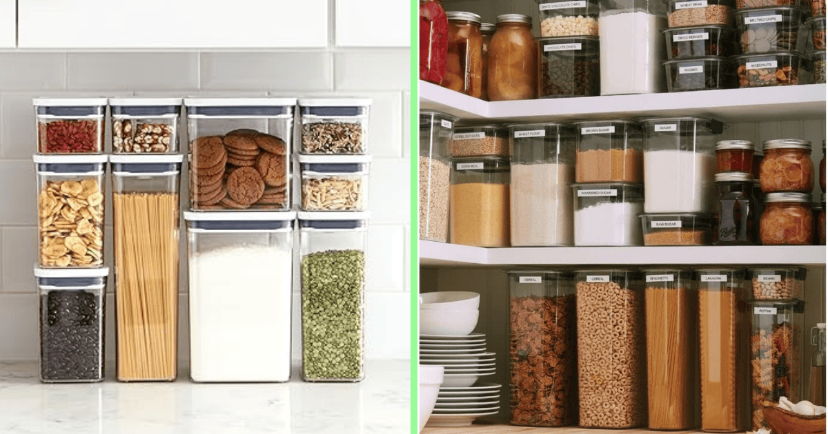 Una foto dividida, de un lado los frascos OXo Good Grips Pop y del otro lado los frascos Rubbermaid Brilliance