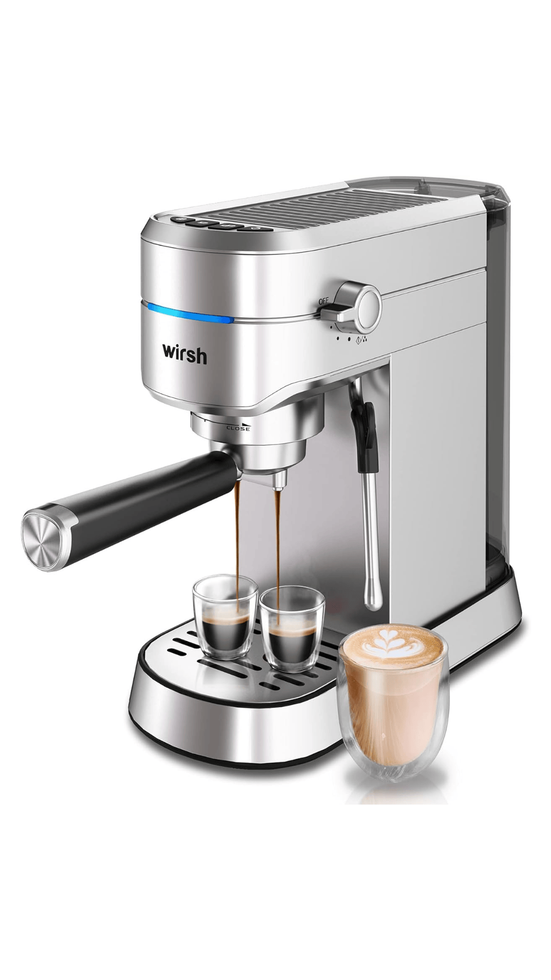 Máquima de café Espresso wirsh plateada sobre fondo blanco
