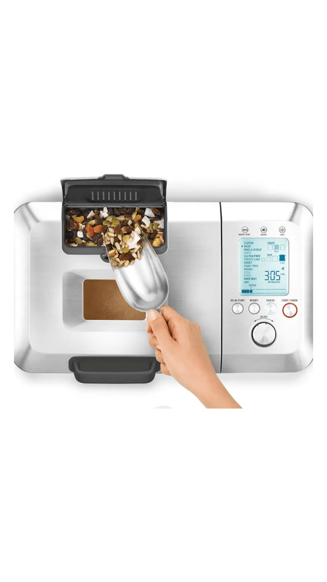 Máquina para hacer pan Breville desde arriba con el cajón de frutos secoos