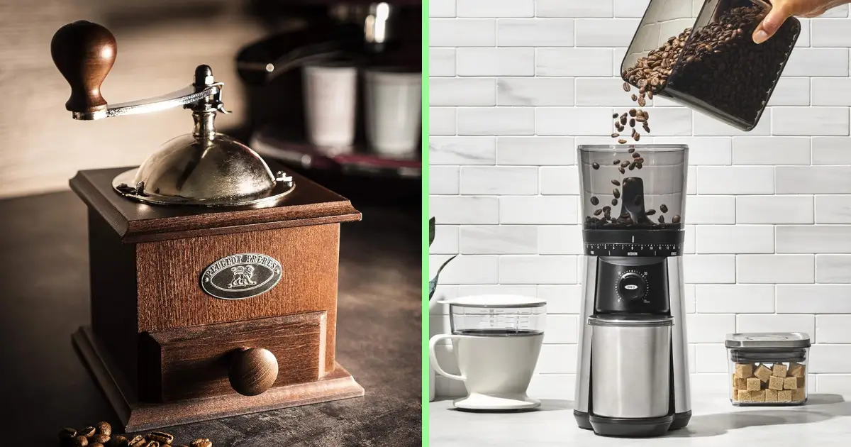 Dos molinillos de café, uno manual y otro eléctrico
